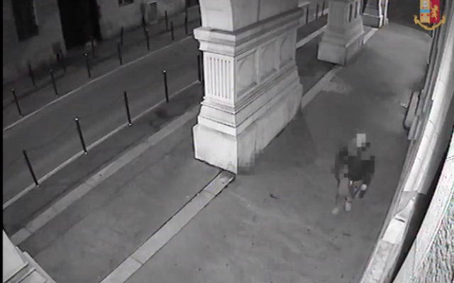Screenshot from Italian police video of the alleged shul vandal
