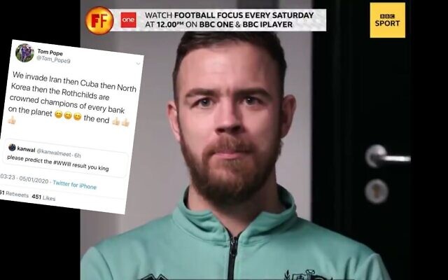 Tom Pope on BBC Sport, right, screenshot of tweet circulated on social media, left