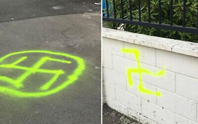 Swastikas outside the Temple Sinai synagogue in Wellington, New Zealand on January 22, 2020. (Wellington City Council via JTA and Times of Israel)