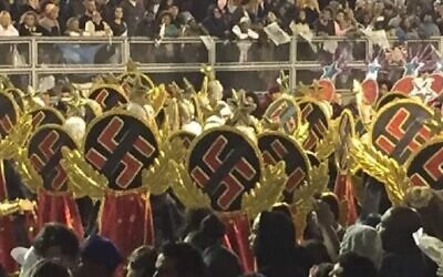 Some dancers in Sao Paulo's huge Carnival parade wore swastikas. (Screenshot from Globo TV via JTA)