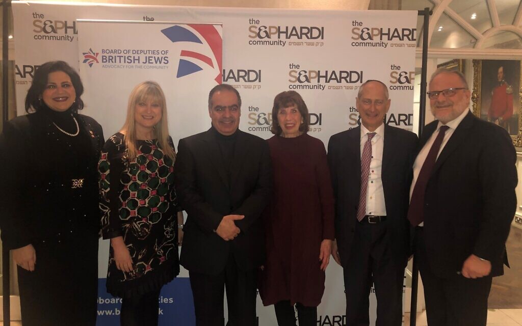 From left to right, Nancy Khedouri, Marie van der Zyl, Ambassador Shaikh Fawaz bin Mohammed Al Khalifa, Lauderdale Road Synagogue chair and deputy Barbara Simon, David Dangoor, Rabbi Israel Elia