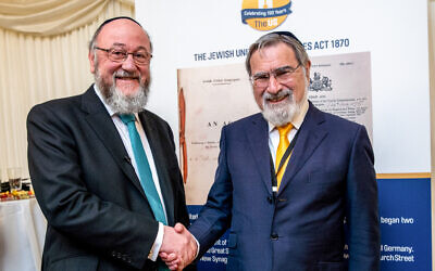 Chief Rabbi Mirvis and Rabbi Lord Sacks celebrating the United Synagogue's 150th birthday (Paul Lang Photography)