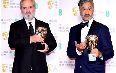 Left: Sam Mendes in the press room after winning the award for Best Film with 1917 at the 73rd British Academy Film Awards. Right: Taika Waititi with the award for Best Adapted Screenplay. (Photo credit: Ian West/PA Wire)