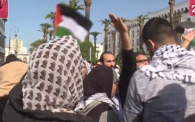 Protest from YouTube video by Sharjah24 News, showing Moroccan protesters demonstrating against Donald Trump's peace plan