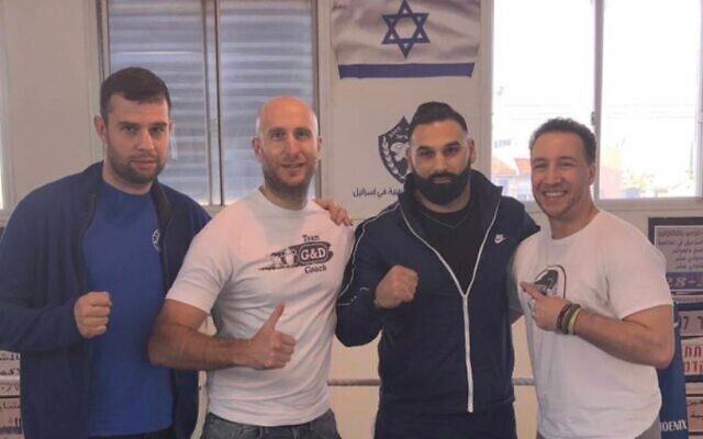 Evgheni Boico, coach of Gloves & Doves Israel, Tony Milch, Hiitham Shehede (nephew to head coach of Kfar Yasif village) and US boxer Boyd Melson