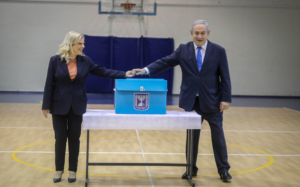 Israeli Prime Minister Benjamin Netanyahu (R) and his wife Sara Netanyahu (L) cast their ballots during the Israeli legislative elections, at a polling station in Jerusalem, 02 March 2020. Photo by: Marc Israel Sellem-JINIPIX