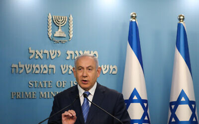 Israeli prime minister Benjamin Netanyahu speaks during a press conference about the coronavirus COVID-19, at the Prime Ministers office in Jerusalem on March 25, 2020. Photo by Olivier Fitoussi-JINIPIX