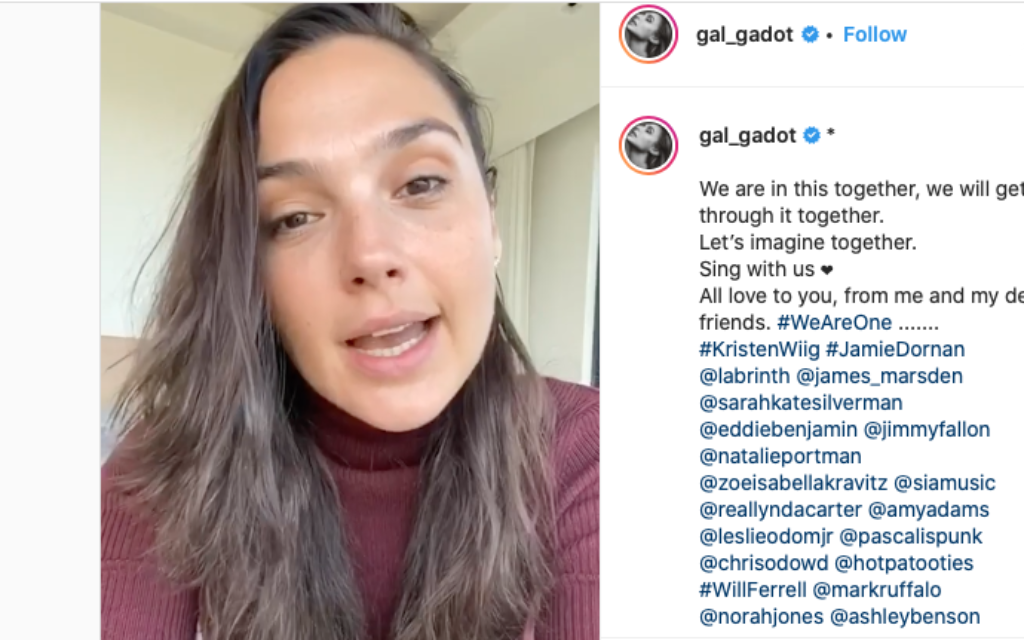 Screenshot from Gal Gadot's Twitter account, where celebs covered Imagine amid the Coronavirus outbreak