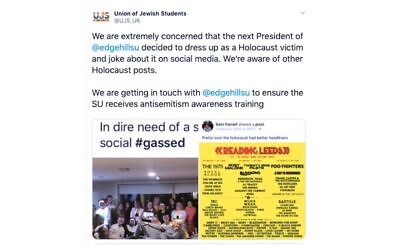 The Union of Jewish students took to social media to express concern about the suitability of Edge Hill University's new student union president Sam Farrell