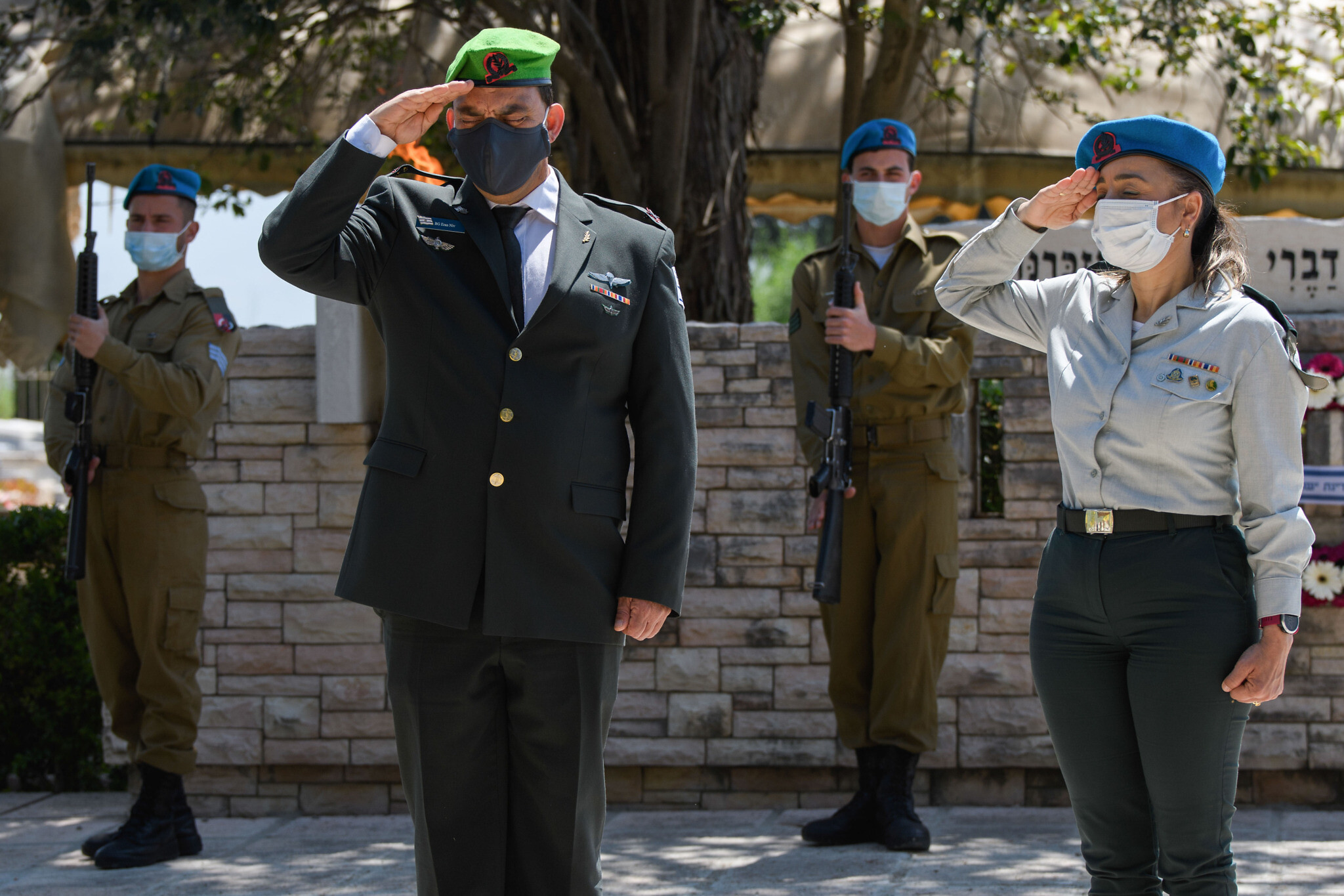 Israeli soldiers at Mount Qiryat Shemona Cemetery as Israel marks Memorial Day for the fallen soldiers and victims of terror on April 28, 2020. This year, due to the outbreak of the Coronavirus, there will be restrictions on going to the cemeteries on Memorial Day itself. Photo by: Ayal Margolin-JINIPIX