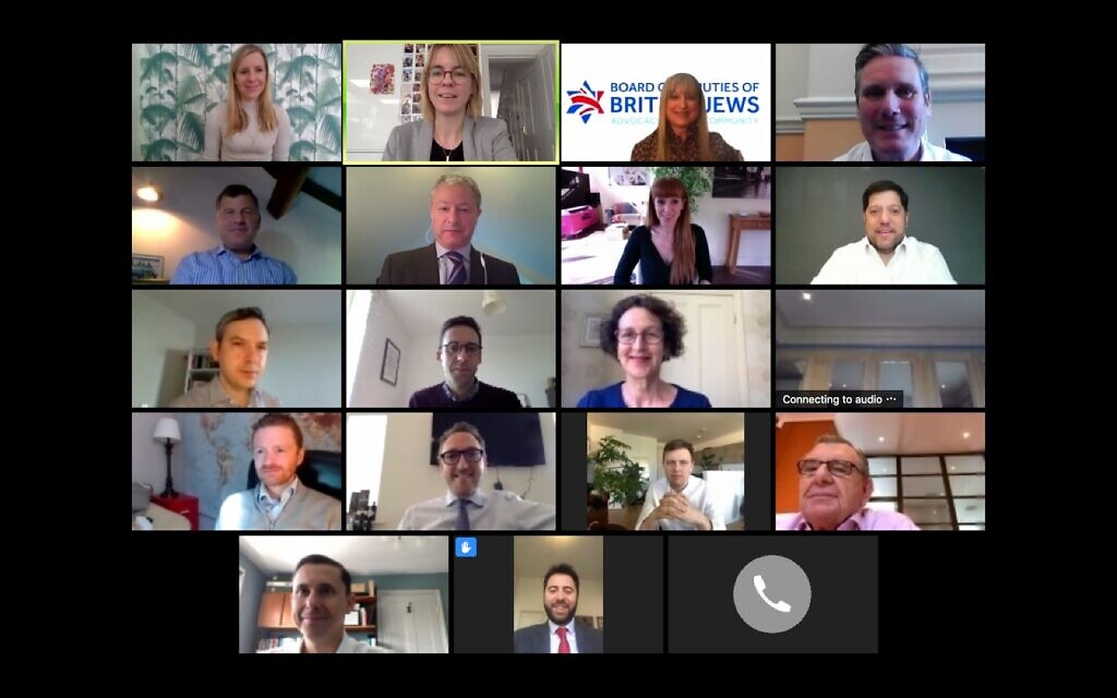 Labour leader Keir Starmer and deputy leader Angela Rayner in a video call with representatives from the Board of Deputies of British Jews, the Jewish Leadership Council, the Community Security Trust and the Jewish Labour Movement