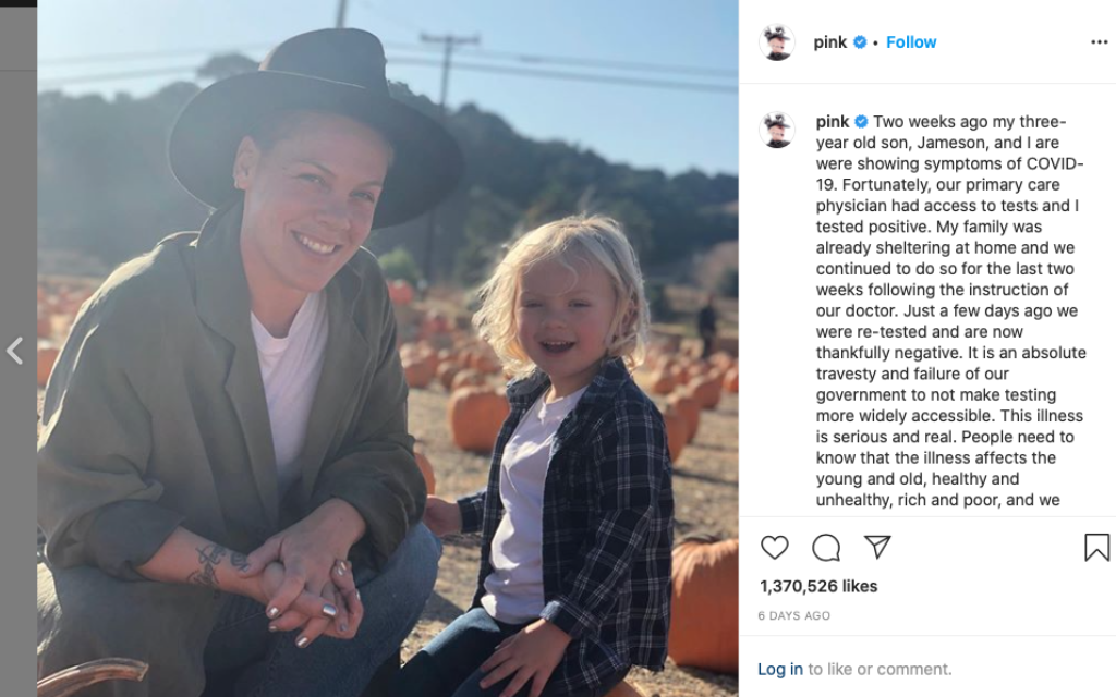 Screenshot from Pink's Instagram