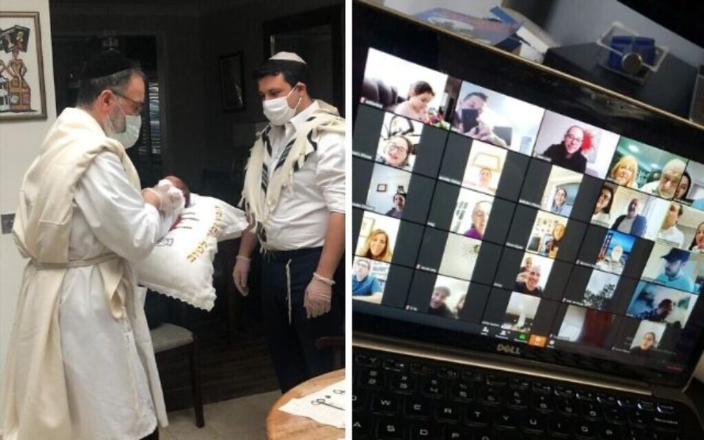 Judah Albert bendayan's brit milah, left, friends and family tuning into on Zoom