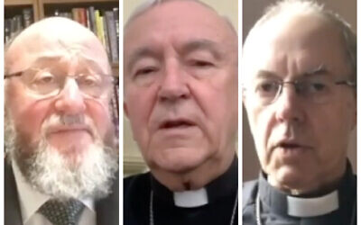 Mirvis (left) made the comments during a three-way video call with the Archbishop of Canterbury Justin Welby (right) and Cardinal Vincent Nichols of the Catholic Church (centre)