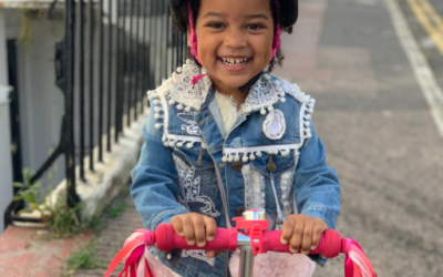 Three year-old Siena Sendama, pictured, drove 5km on her scooter, having learnt to do so the week before, to raise money for GIFT “because some people don’t have the things that they need.”