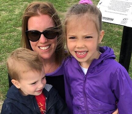 Amy Woolf, the chair of Jewish Care families is pictured with her children Georgia, 5, and Max, 3, participating in the Fun Run