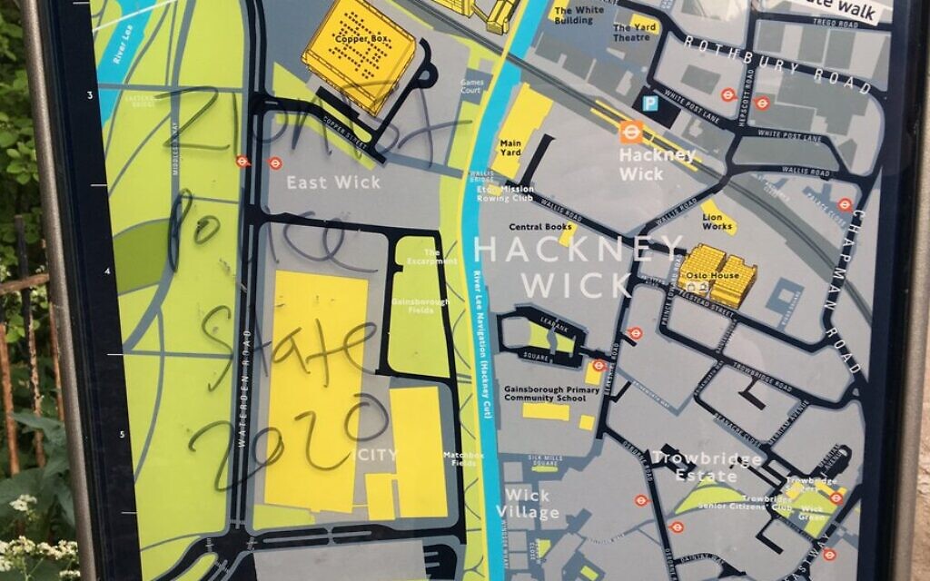 'Zionist police state' daubed on a map in Hackney (Credit: Sophie Wilkinson)