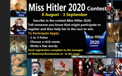 An advertisement for details about the Miss Hitler contest appears on the historical revisionism site World Truth. (Anti-Defamation Commission website via JTA)