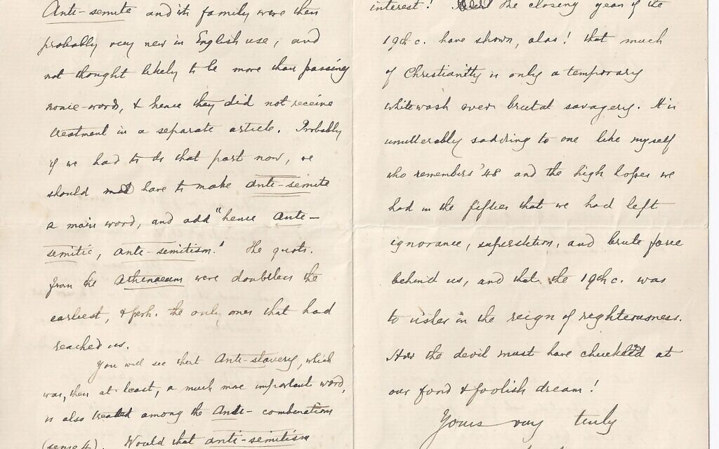 Page 2 and 3 of a letter sent by former OED editor James Murray, outlining why 'antisemite' was omitted