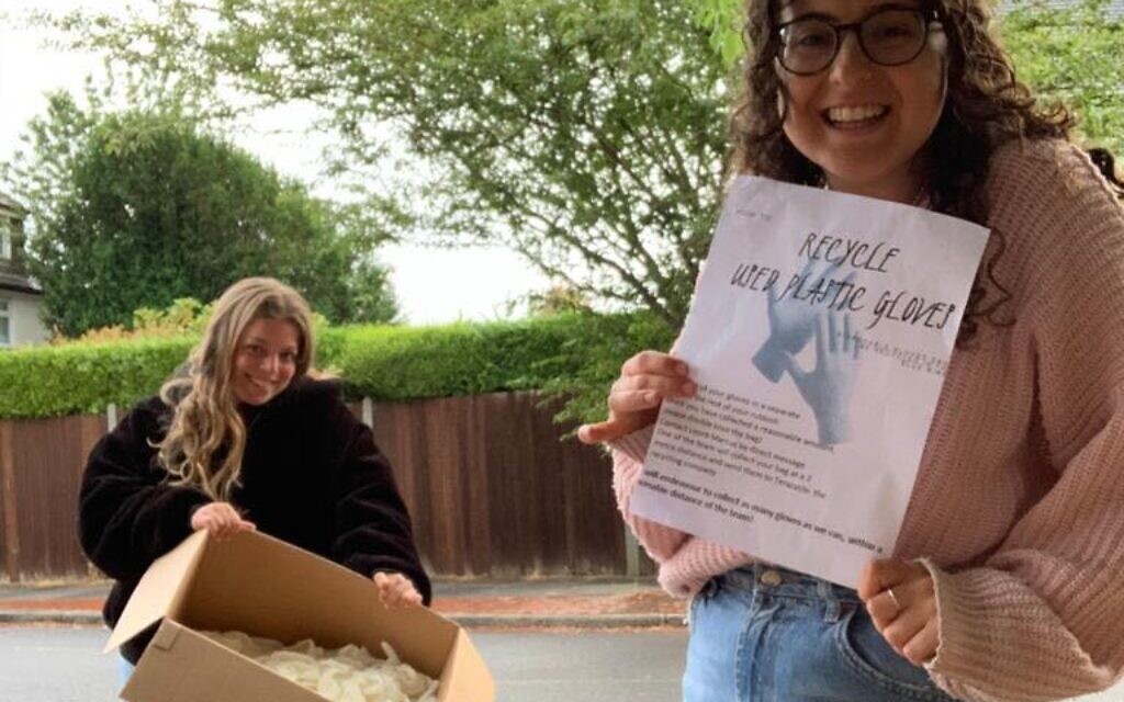 Leora Marcus (right) and one of her volunteers, Grace Silverstein, collecting plastic gloves