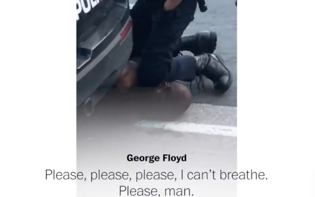 Screenshot from Washington Post video, showing the moment George Floyd is detained on the ground with a police officer's knee on his neck, as George says "I can't breath"