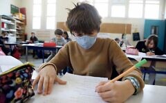 Children keep social distancing and sanitary measures as they go back to school