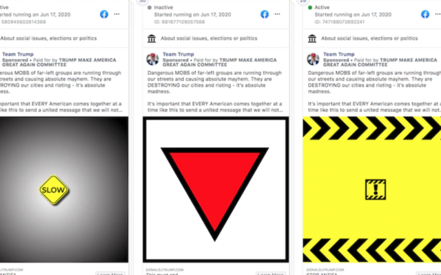 The ADL says the red triangle in a Trump campaign Facebook ad resembles a symbol used by the Nazis. (Screen shot from Facebook via JTA)
