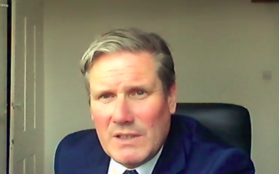 Keir Starmer speaking on Zoom during an event in June
