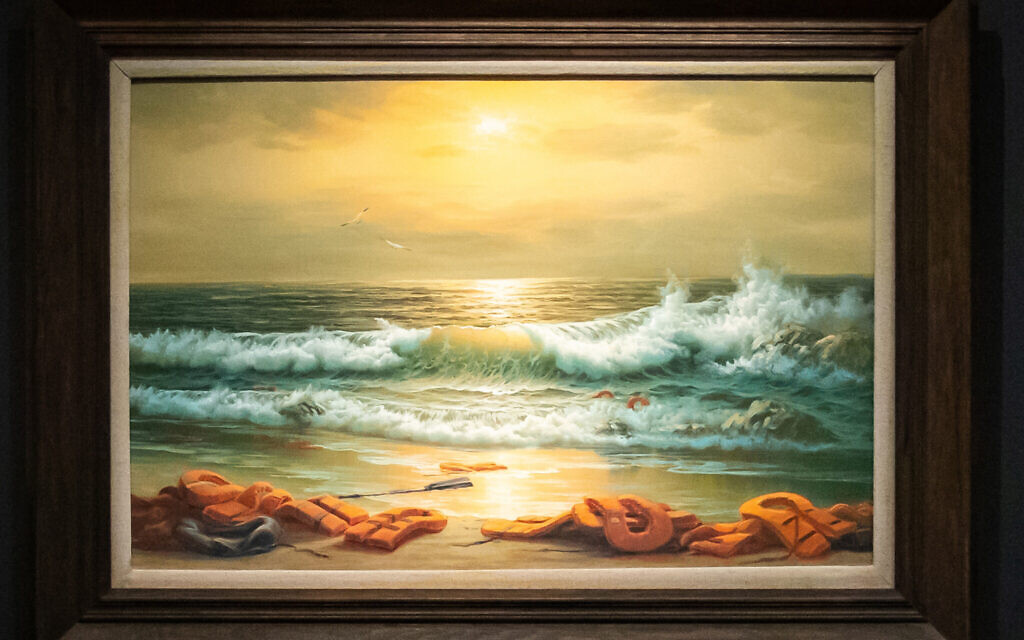 Mediterranean Sea View by Banksy, which has been sold for £2.2 million in a charity auction. (Photo credit: Aaron Chown/PA Wire)