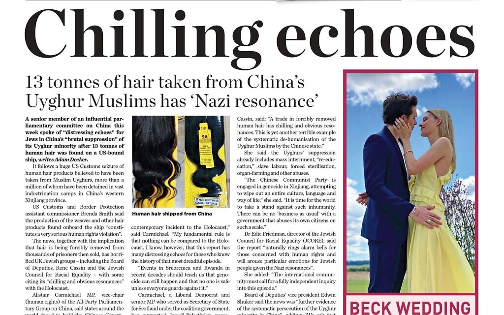Jewish News front page on the Uyghur hair being sold, with 'chilling echoes' of the Shoah