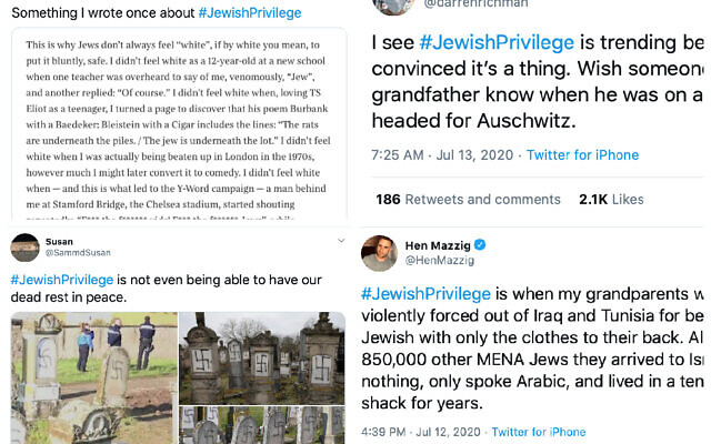 Examples of tweets sent out using the #JewishPrivilege hashtag