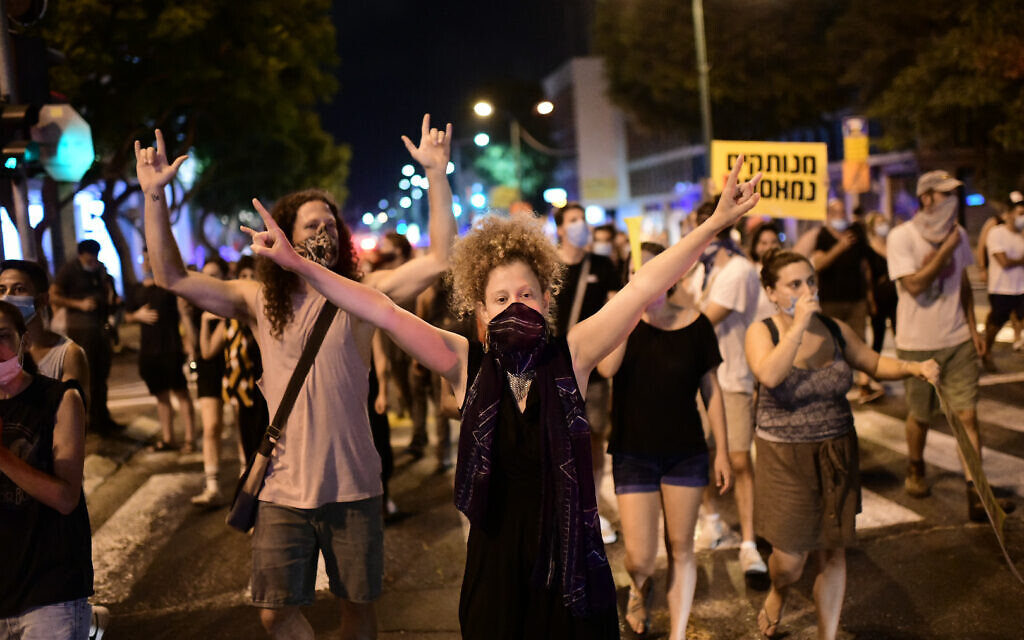 Israelis block a main junction in the city as they protest against the government's response to the financial fallout of the coronavirus disease (COVID- 19) crisis in Tel Aviv, Israel July 11, 2020. Photo by: Tomer Neuberg-JINIPIX