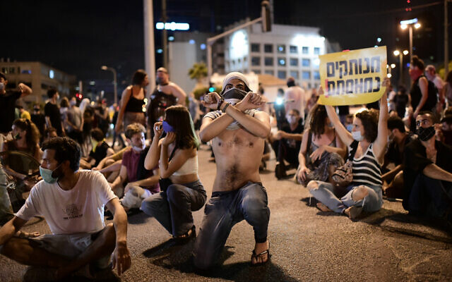 Israelis block a main junction in the city as they protest against the government's response to the financial fallout of the coronavirus disease (COVID- 19) crisis in Tel Aviv, Israel July 11, 2020. Photo by: Tomer Neuberg-JINIPIX