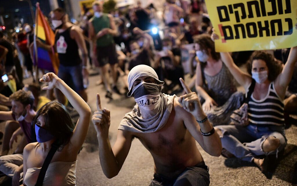 Israelis block a main junction in the city as they protest against the government's response to the financial fallout of the coronavirus disease (COVID- 19) crisis in Tel Aviv, Israel July 11, 2020. Photo by: Tomer Neuberg-JINIPIX