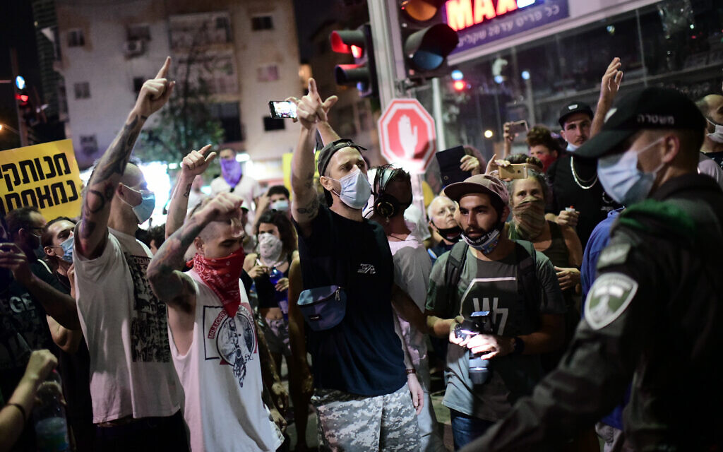 Israelis block a main junction in the city as they protest against the government's response to the financial fallout of the coronavirus disease (COVID- 19) crisis in Tel Aviv, Israel July 11, 2020. Photo by: Tomer Neuberg-JINIPIX