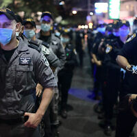 Israeli police during a Covid protest in  Tel Aviv in July, 2020. Photo by: Tomer Neuberg-JINIPIX
er along the line.