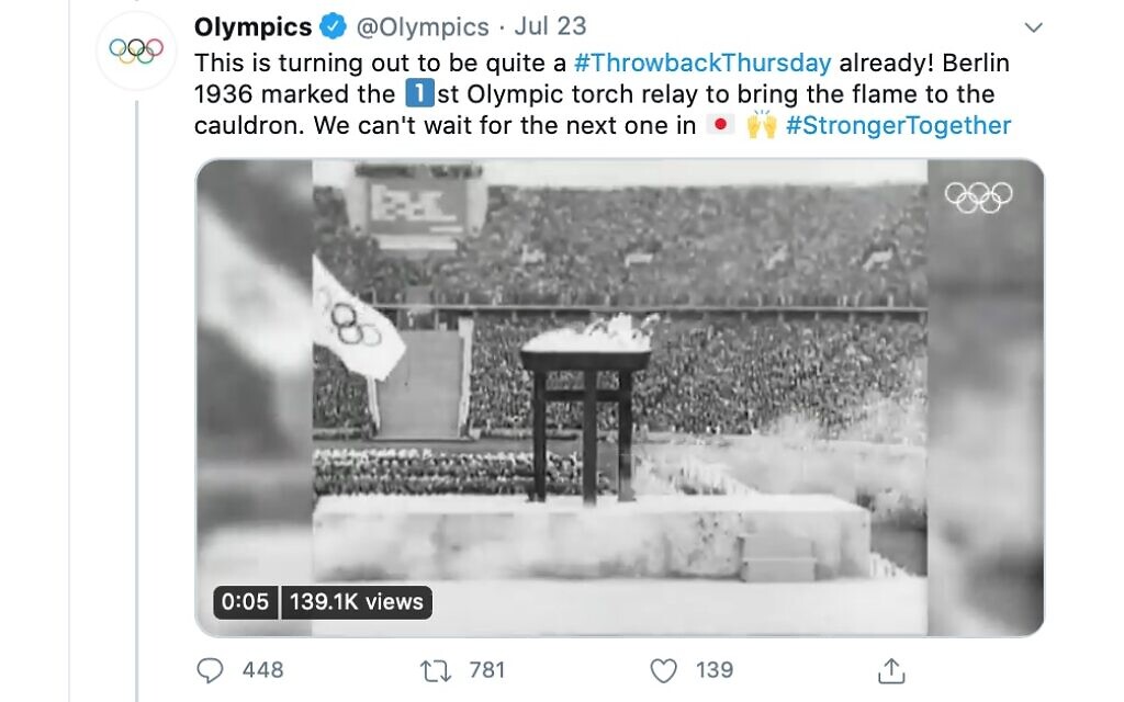 Screenshot of the International Olympics Committee's tweet about the notorious 1936 Nazi games