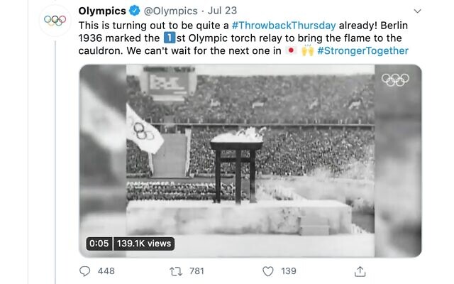 Screenshot of the International Olympics Committee's tweet about the notorious 1936 Nazi games