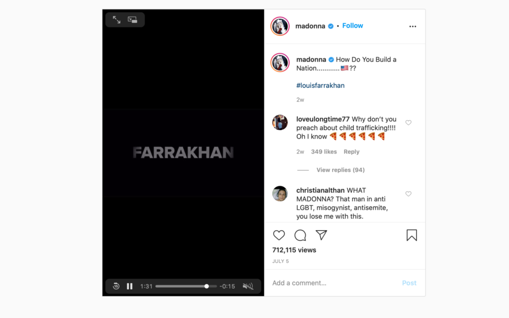 Screenshot from Madonna's instagram
