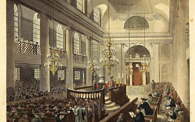 Synagogue, Duke’s Place, Houndsditch. Interior of the Great, drawn and engraved by Pugin and Rowlandson. From The Microcosm of London, 1809. On loan to the Jewish Museum 