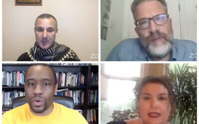 Top: Omar Barghouti and Ben Jamal. Bottom: Marc Lamont, Hill and Rabbi Alissa Wise (Screenshot from Twitter)