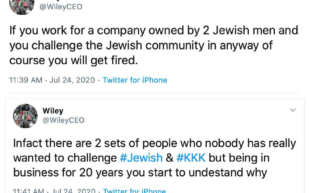 Two of Wiley's hateful tweets