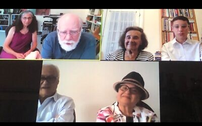 Screenshot of the family’s first zoom meeting. The Shulman family (Jason and Arlene) are in the top left. Bilha (Lily’s daughter) and Julian (Lily’s son in law) are in the bottom left and Dov and Lily are in the top right