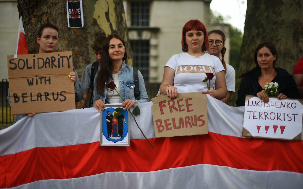 A demonstration outside the Foreign & Commonwealth Office in central London calling for authoritarian President Alexander Lukashenko to resign after 26 years in power following the results of the August 9 Belarus presidential election. (PA Wire/Victoria Jones)