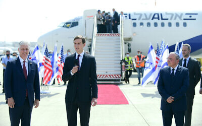 Jared Kushner leading the Israeli-American delegation at a ceremony ahead of their departure from Tel Aviv to Abu Dhabi, at the Ben-Gurion Airport near Tel Aviv, August 31, 2020. Photo by: Tomer Neuberg-JINIPIX