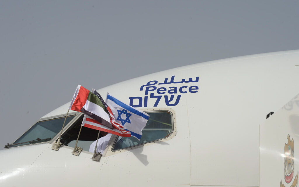 Israeli flag carrier El Al's flight LY971 after landing at the airport in Abu Dhabi, United Arab Emirates, 31 August 2020. The first-ever El Al flight from Israel to UAE LY971 from Ben Gurion Airport carried a delegation led on the US side by President Trump's son-in-law and White House advisor Jared Kushner. Photo by: Amos Ben Gershom-GPO Via JINIPIX
