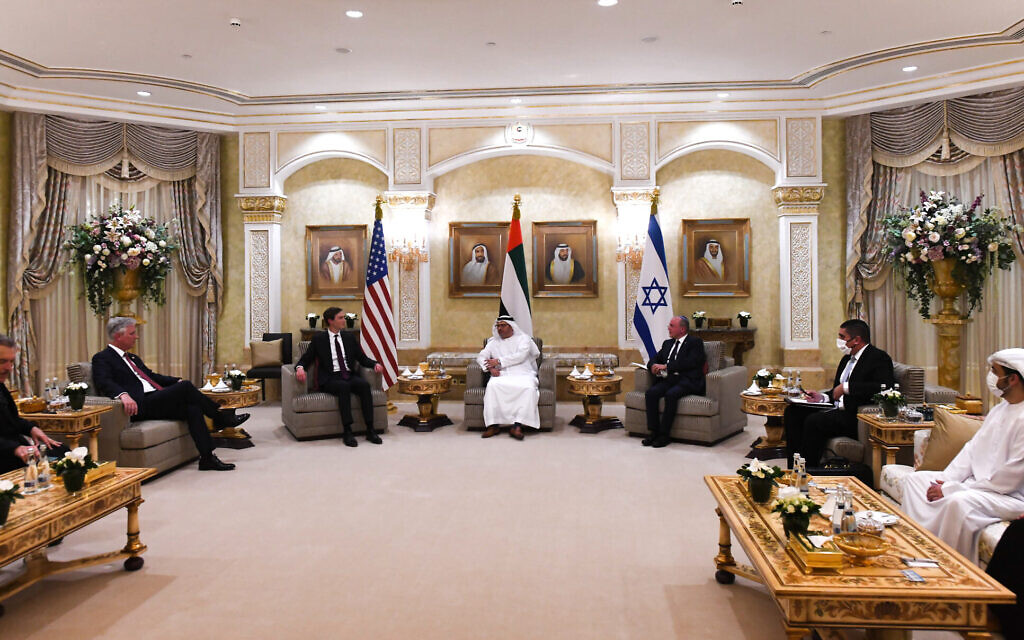 United Arab Emirates (UAE) Minister of State for Foreign Affairs Anwar Mohammed Gargash (C), US President's senior adviser Jared Kushner (L) and Israeli National Security Advisor Meir Ben-Shabbat (R) during a meeting in Abu Dhabi, United Arab Emirates.  Photo by: Amos Ben Gershom-GPO Via JINIPIX