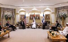 United Arab Emirates (UAE) Minister of State for Foreign Affairs Anwar Mohammed Gargash (C), US President's senior adviser Jared Kushner (L) and Israeli National Security Advisor Meir Ben-Shabbat (R) during a meeting in Abu Dhabi, United Arab Emirates. Photo by: Amos Ben Gershom-GPO Via JINIPIX United Arab Emirates (UAE) Minister of State for Foreign Affairs Anwar Mohammed Gargash (C), US President's senior adviser Jared Kushner (L) and Israeli National Security Advisor Meir Ben-Shabbat (R) during a meeting in Abu Dhabi, United Arab Emirates. Photo by: Amos Ben Gershom-GPO Via JINIPIX
