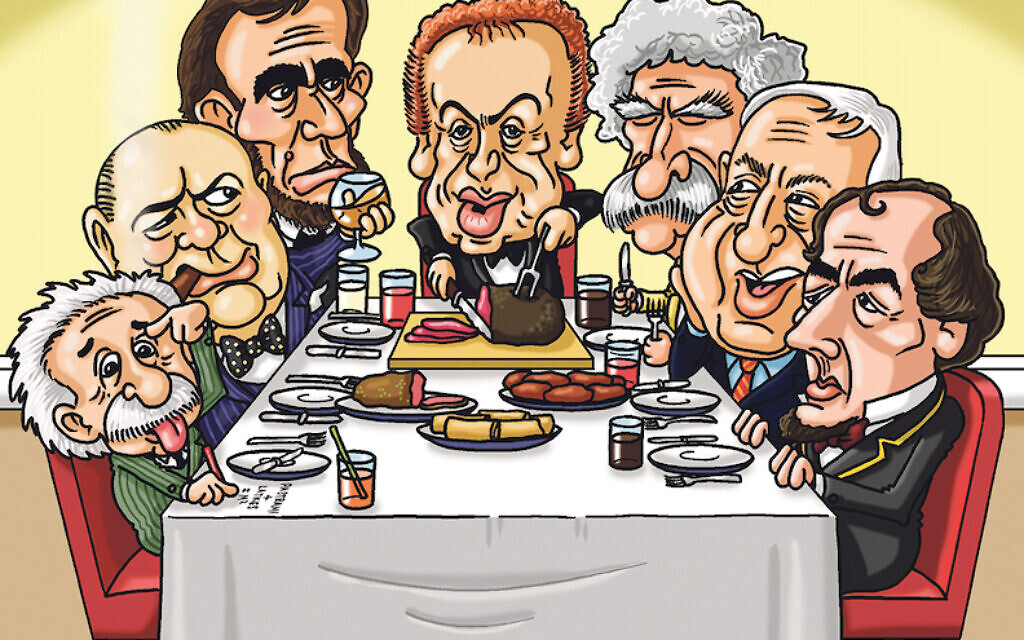 Abraham Lincoln, Winston Churchill, Albert Einstein, Mark Twain, Ariel Sharon, and Benjamin Disraeli would be at Jackie Mason's dream dinner table. (Cartoon by Paul Solomons).