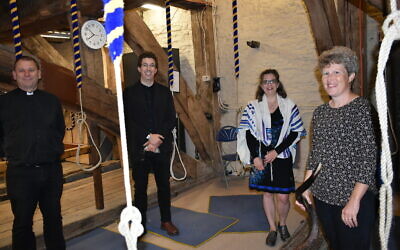 Far left: Canon Kevin Walton, Rabbi Adam Zagoria-Moffet, Talya Baker and  Debbie Harris in the Church's belltower.